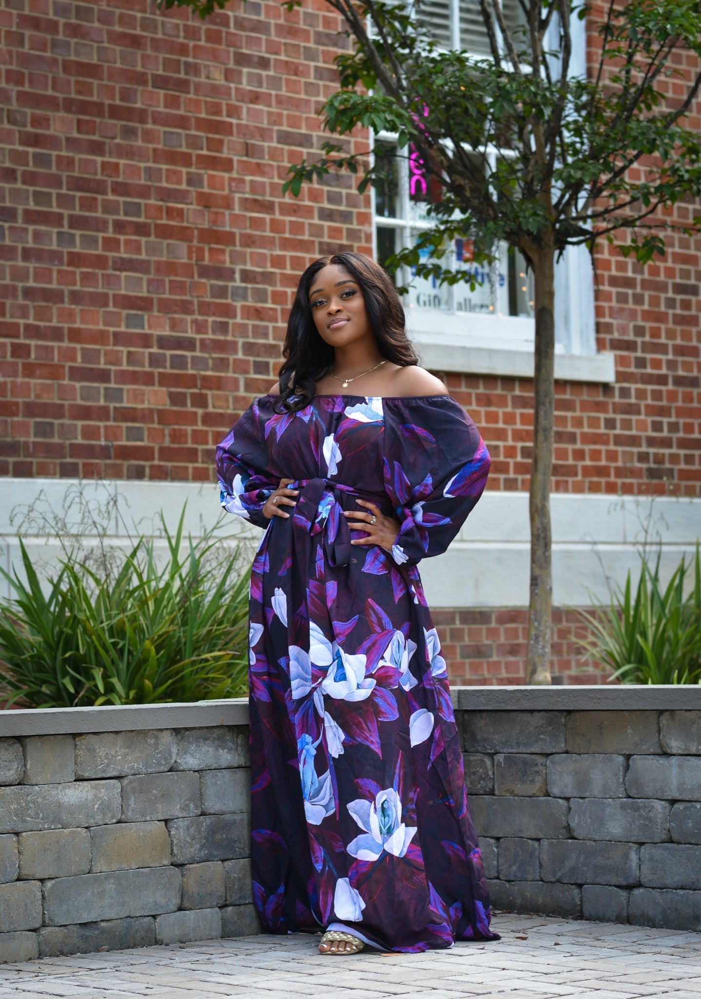 Blooming Magnolia Royal Purple Long Sleeve Dress