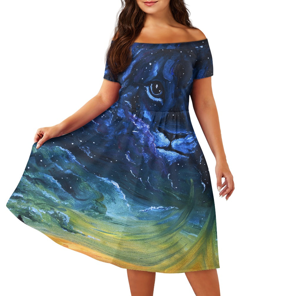 Dreaming with Creation Off-Shoulder Lion Midi Dress