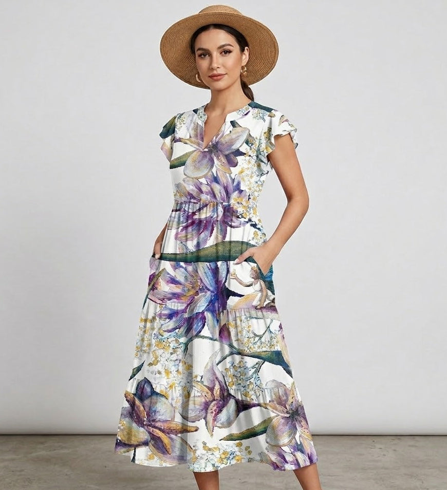 Women's Emerge V-neck Patchwork Midi Dress with Pockets