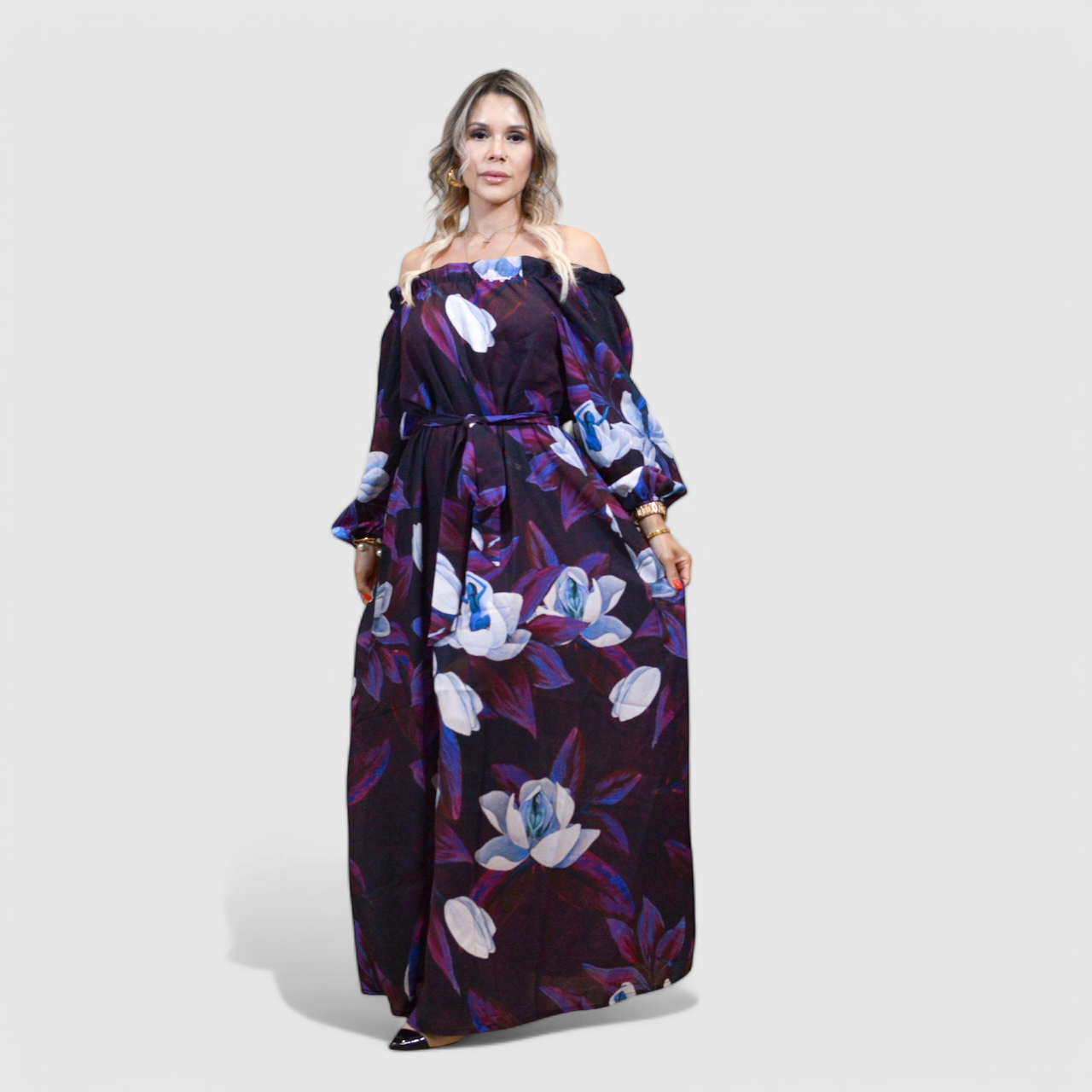 Blooming Magnolia Royal Purple Long Sleeve Dress