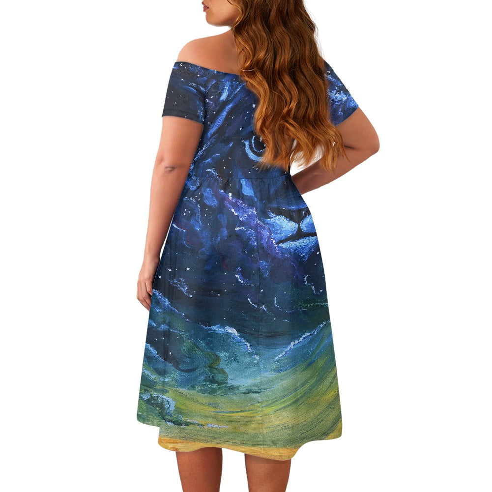 Dreaming with Creation Off-Shoulder Lion Midi Dress