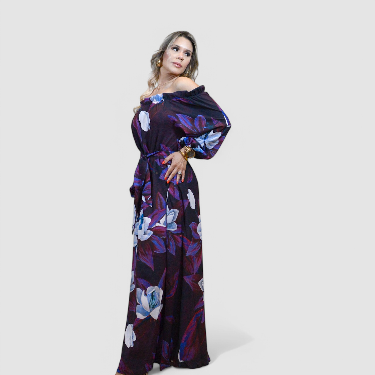 Blooming Magnolia Royal Purple Long Sleeve Dress