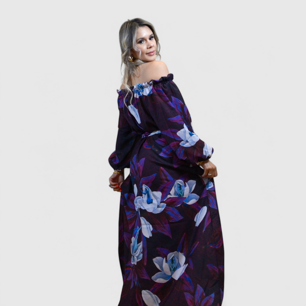 Blooming Magnolia Royal Purple Long Sleeve Dress