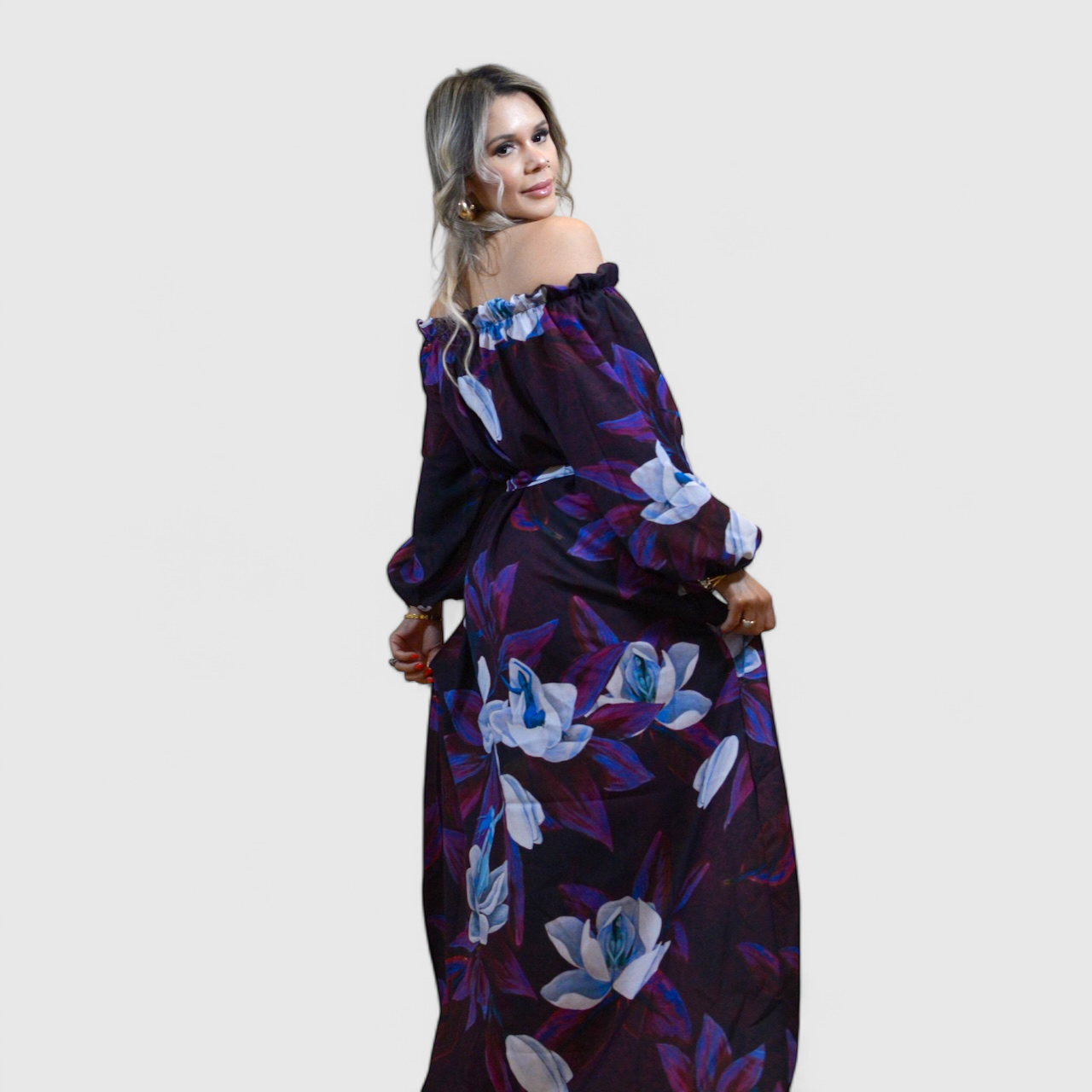 Blooming Magnolia Royal Purple Long Sleeve Dress