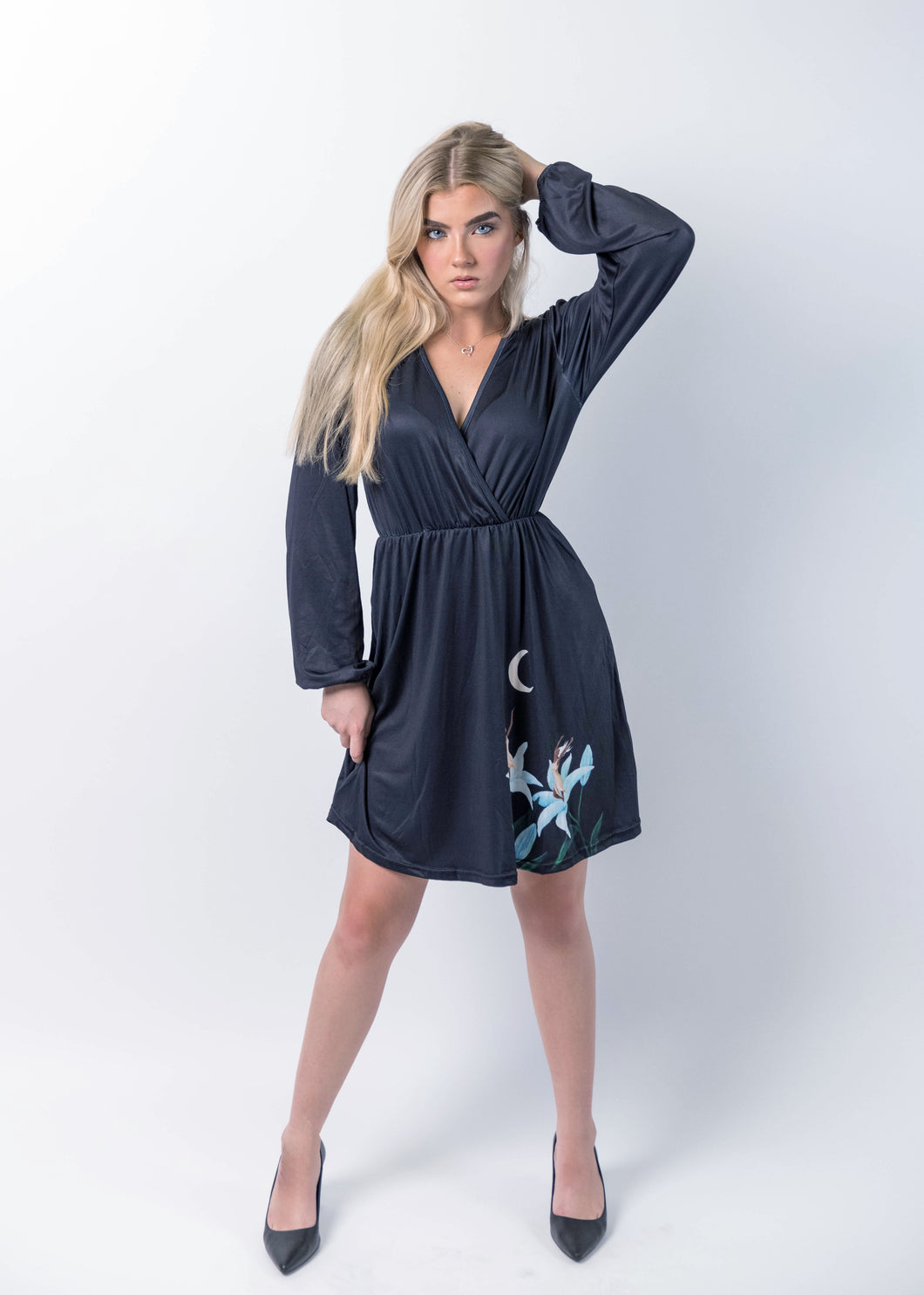 Long Sleeve Short Black Night Lillies Dress