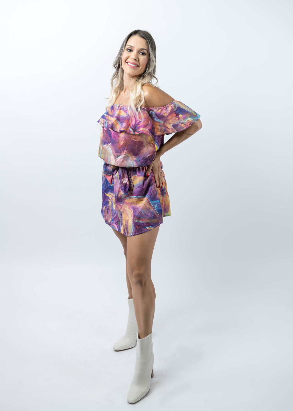 Flourish Short Off-Shoulder Dress with Belt