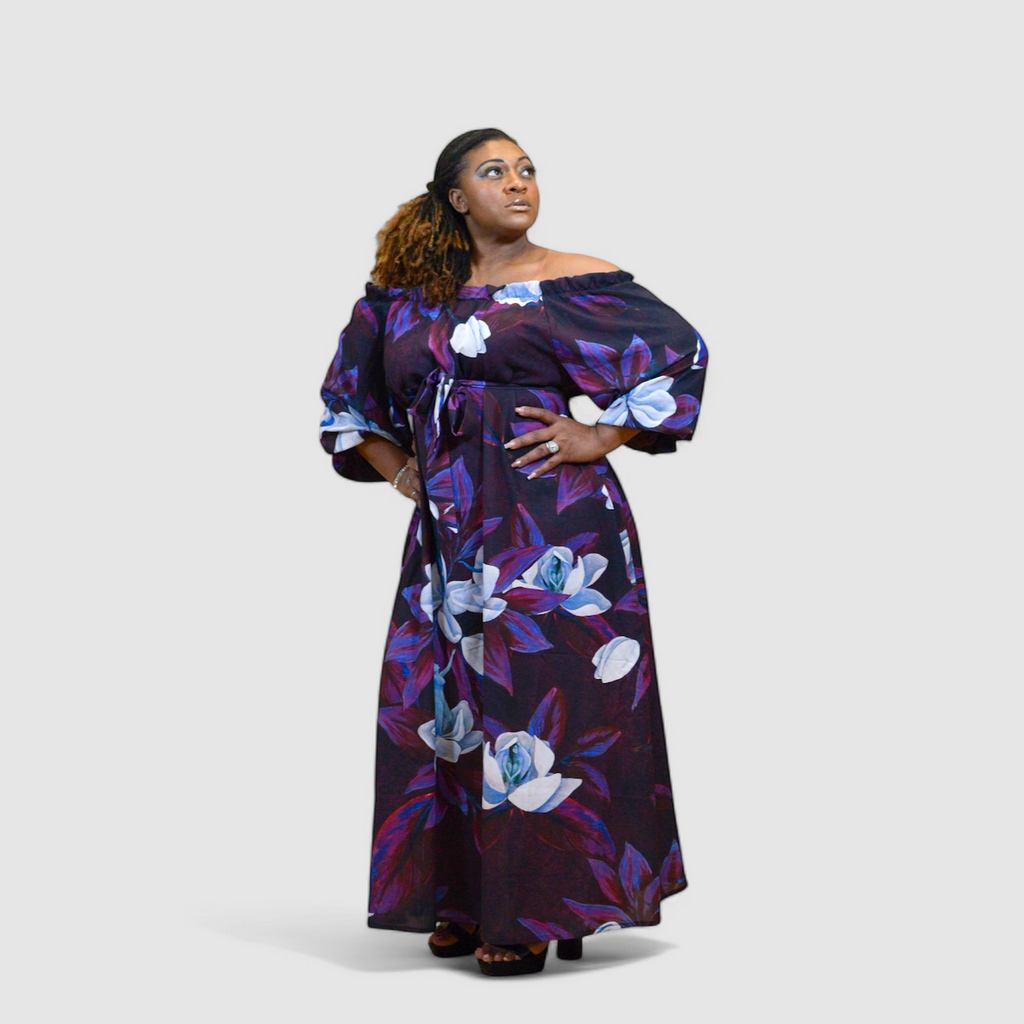 Blooming Magnolia Royal Purple Long Sleeve Dress