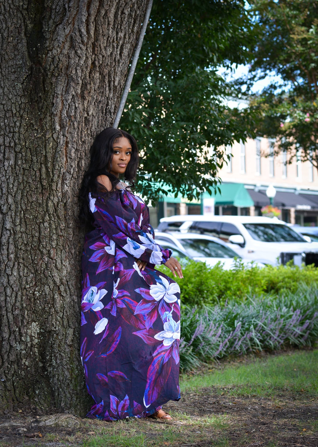 Blooming Magnolia Royal Purple Long Sleeve Dress
