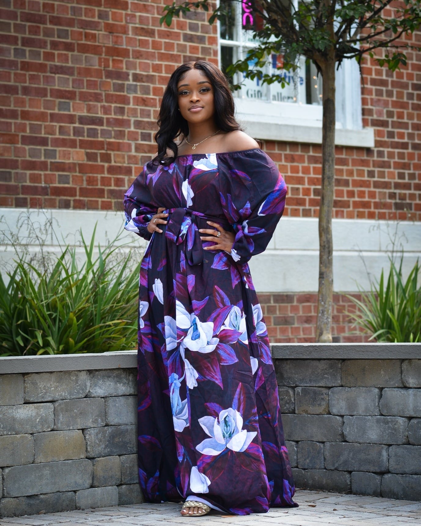 Blooming Magnolia Royal Purple Long Sleeve Dress