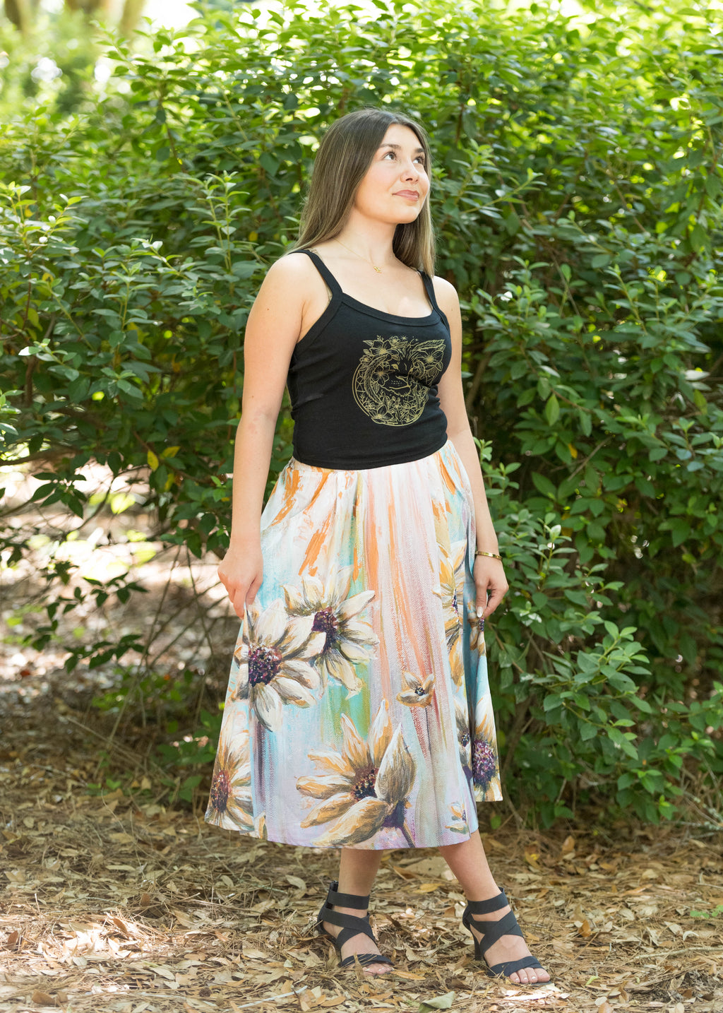 Sunflower Angel Midi Skirt with Pockets