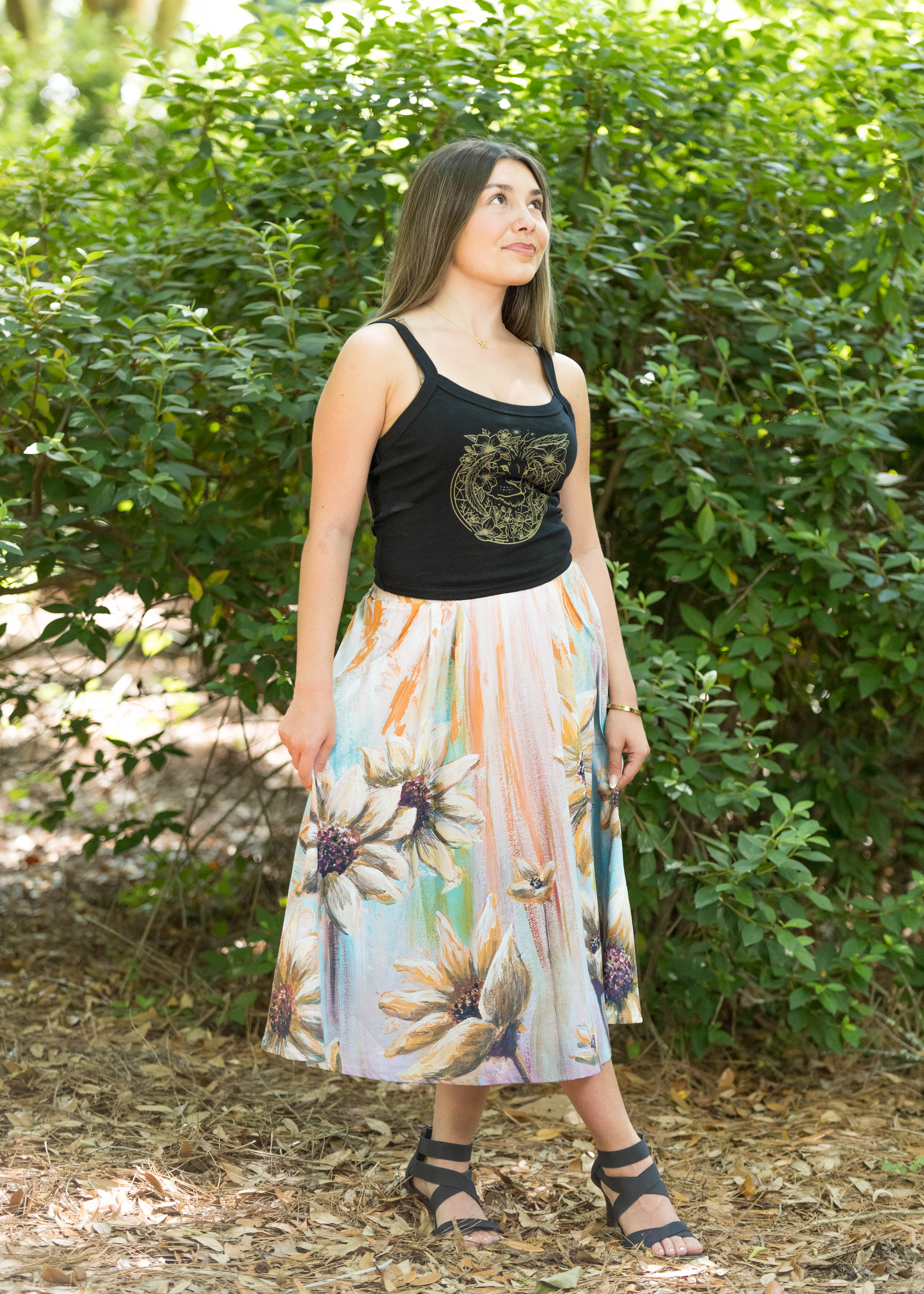Sunflower Angel Midi Skirt with Pockets