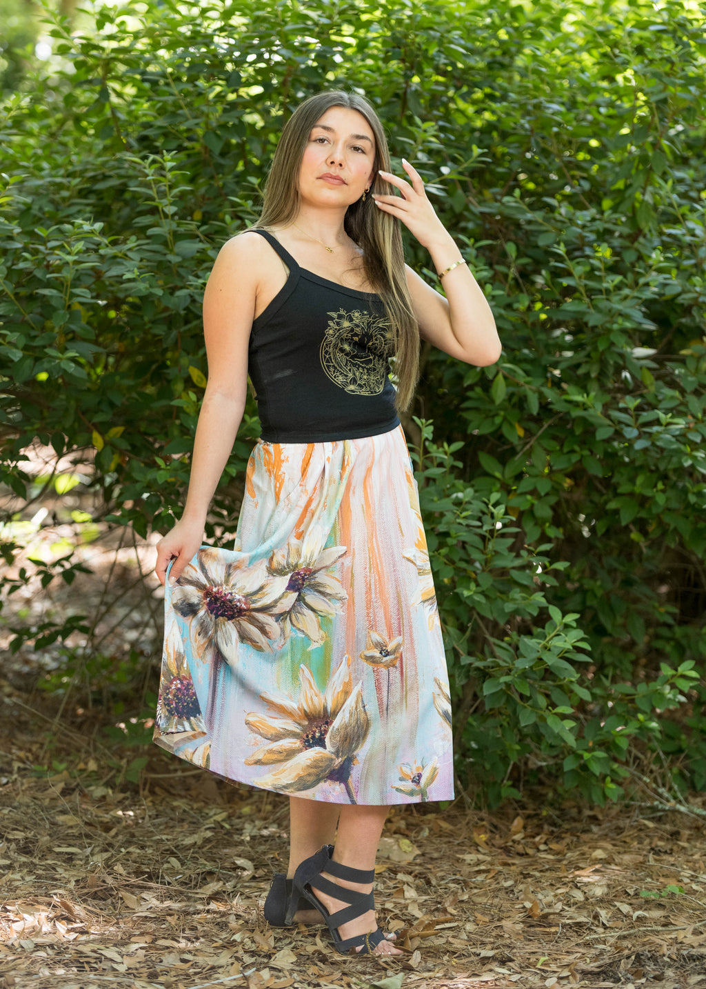 Sunflower Angel Midi Skirt with Pockets