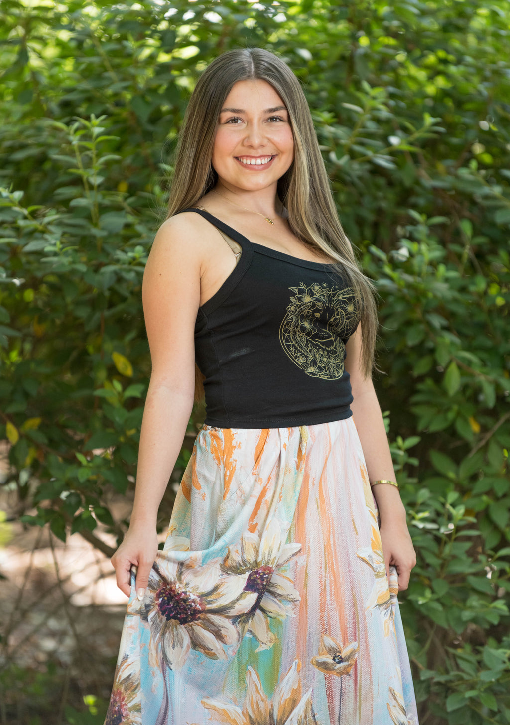 Sunflower Angel Midi Skirt with Pockets