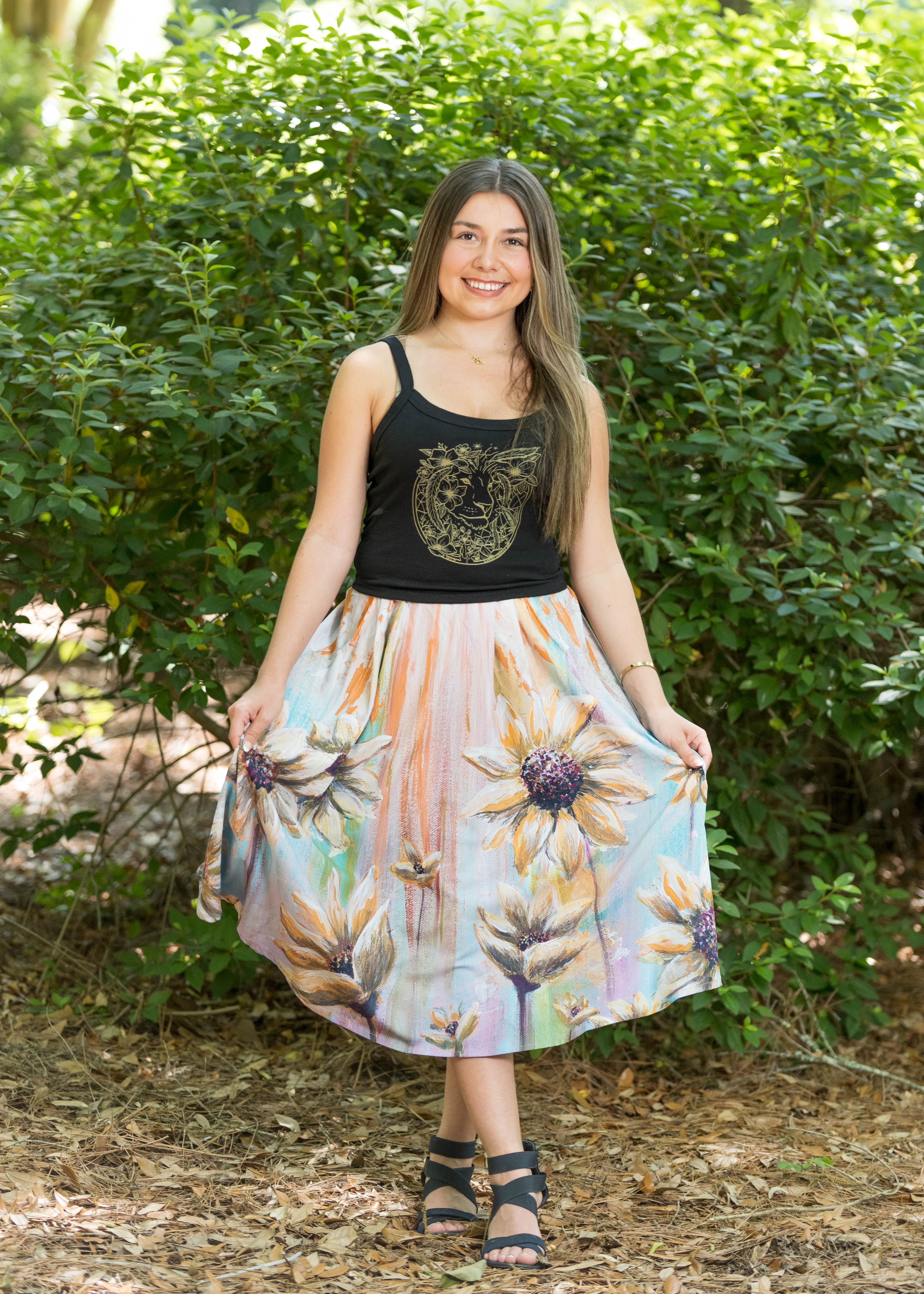 Sunflower Angel Midi Skirt with Pockets