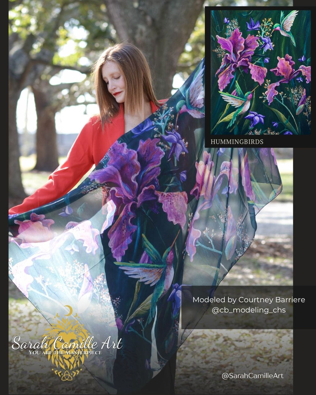 The Hummingbird Chiffon Scarf / Sarong by Sarah Camille Art